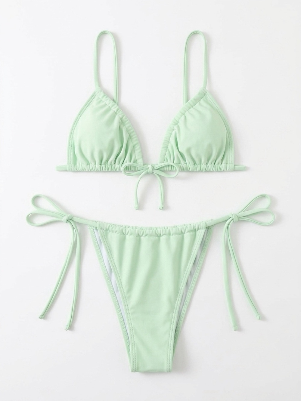SHEIN Light Sage Ruched Tie-Side Triangle Bikini Set